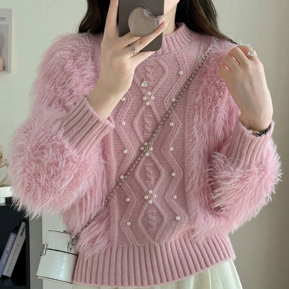 Solid Pearls Beaded Fuzzy Sweater - Picture 1 of 4